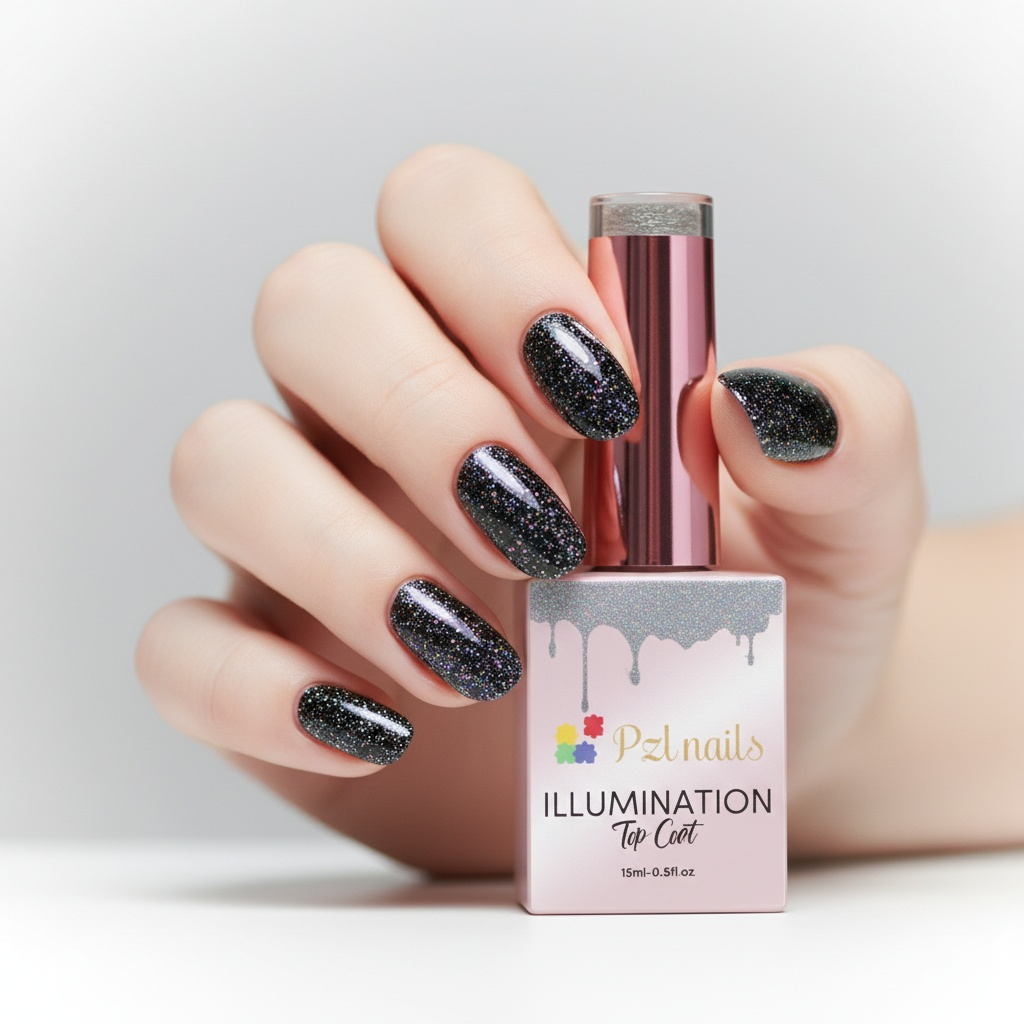 Hand with glittery black nails holding a pink nail polish bottle labeled 'PZLnails Illumination Top Coat'.