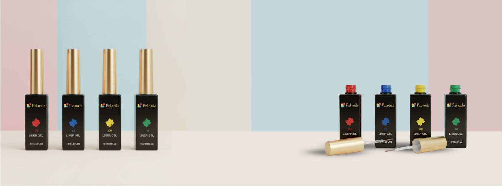 Set of black cosmetic bottles with colorful caps on a pastel background