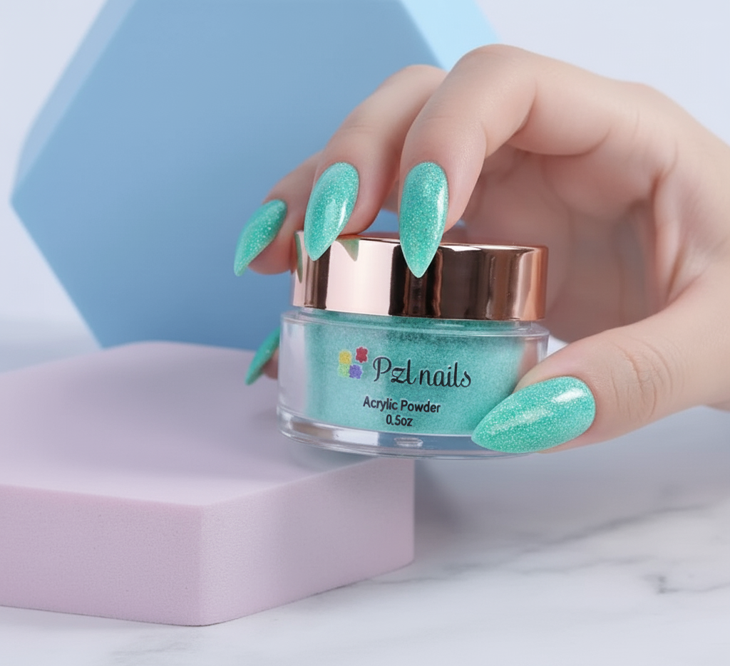 Hand holding a jar of PZL Nails acrylic powder with teal glittery nails against a light background