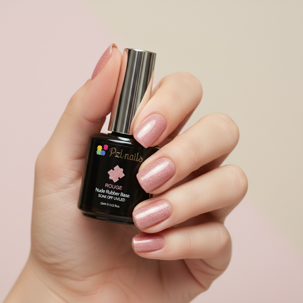 Hand holding a bottle of PZL nails nail polish with pink nails against a light background