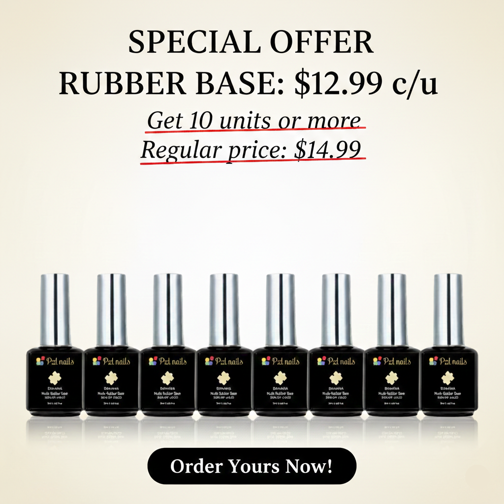 Promotional image of nail polish bottles with a special offer on rubber base coat.