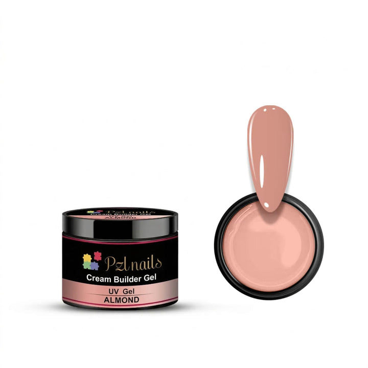 Pzl nails cream builder gel in almond color with a black container on a white background