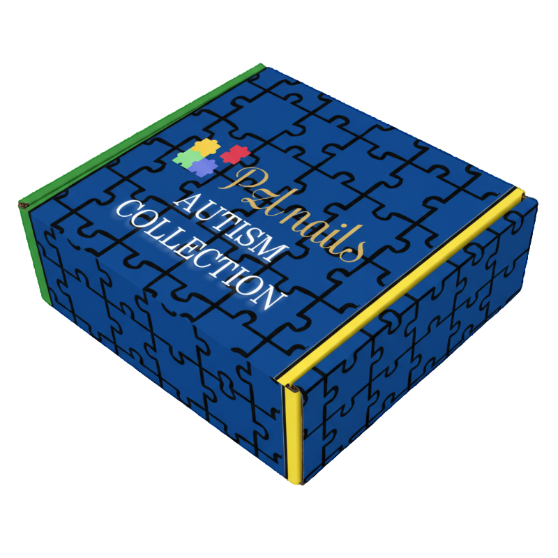 Blue puzzle-themed box with  PZL Nails Autism Collection text on a white background