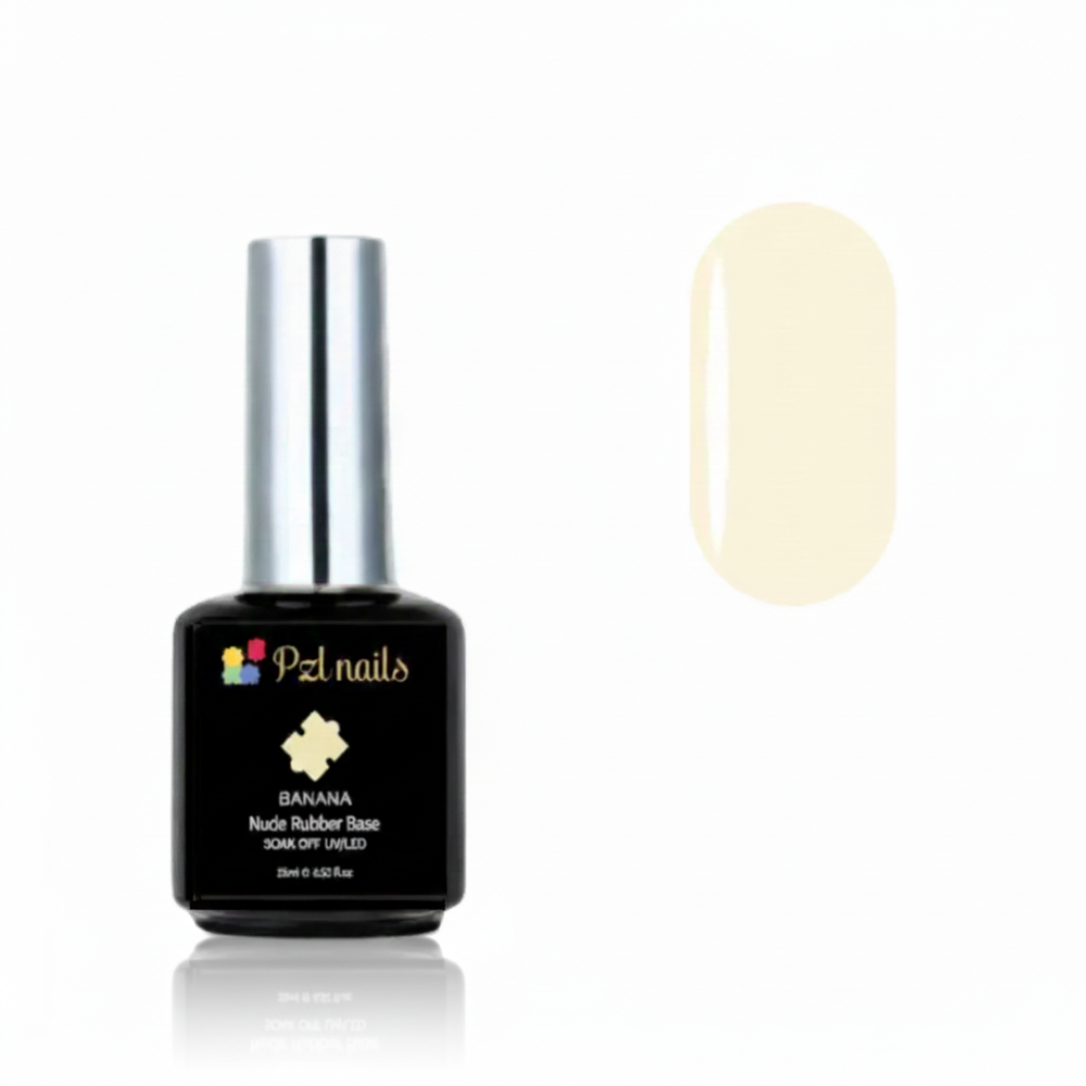 Pzl nails Banana Nude Rubber Base Coat bottle with a swatch on a white background