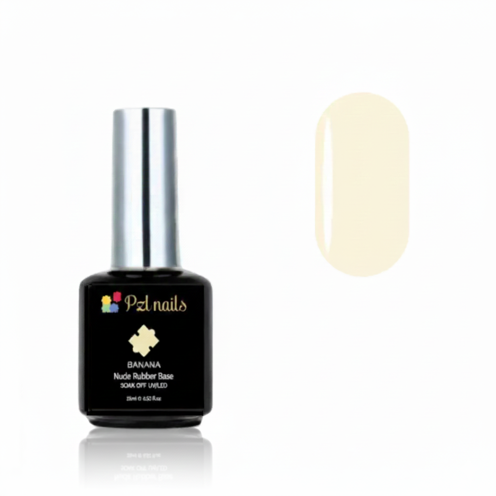 Pzl nails Banana Nude Rubber Base Coat bottle with a swatch on a white background