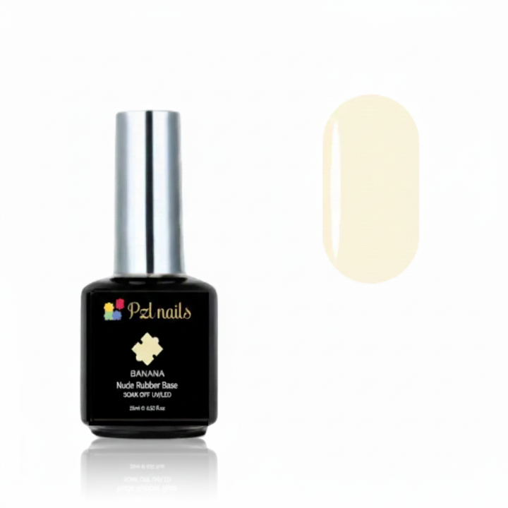 Pzl nails Banana Nude Rubber Base Coat bottle with a swatch on a white background