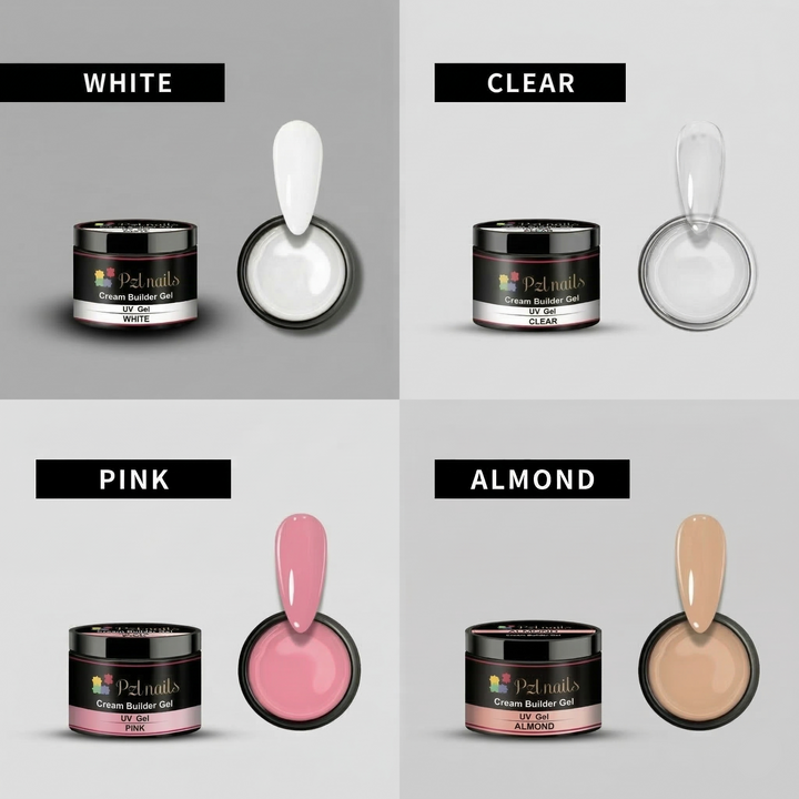 Set of nail gel products with color swatches labeled as White, Clear, Pink, and Almond on a gray background.