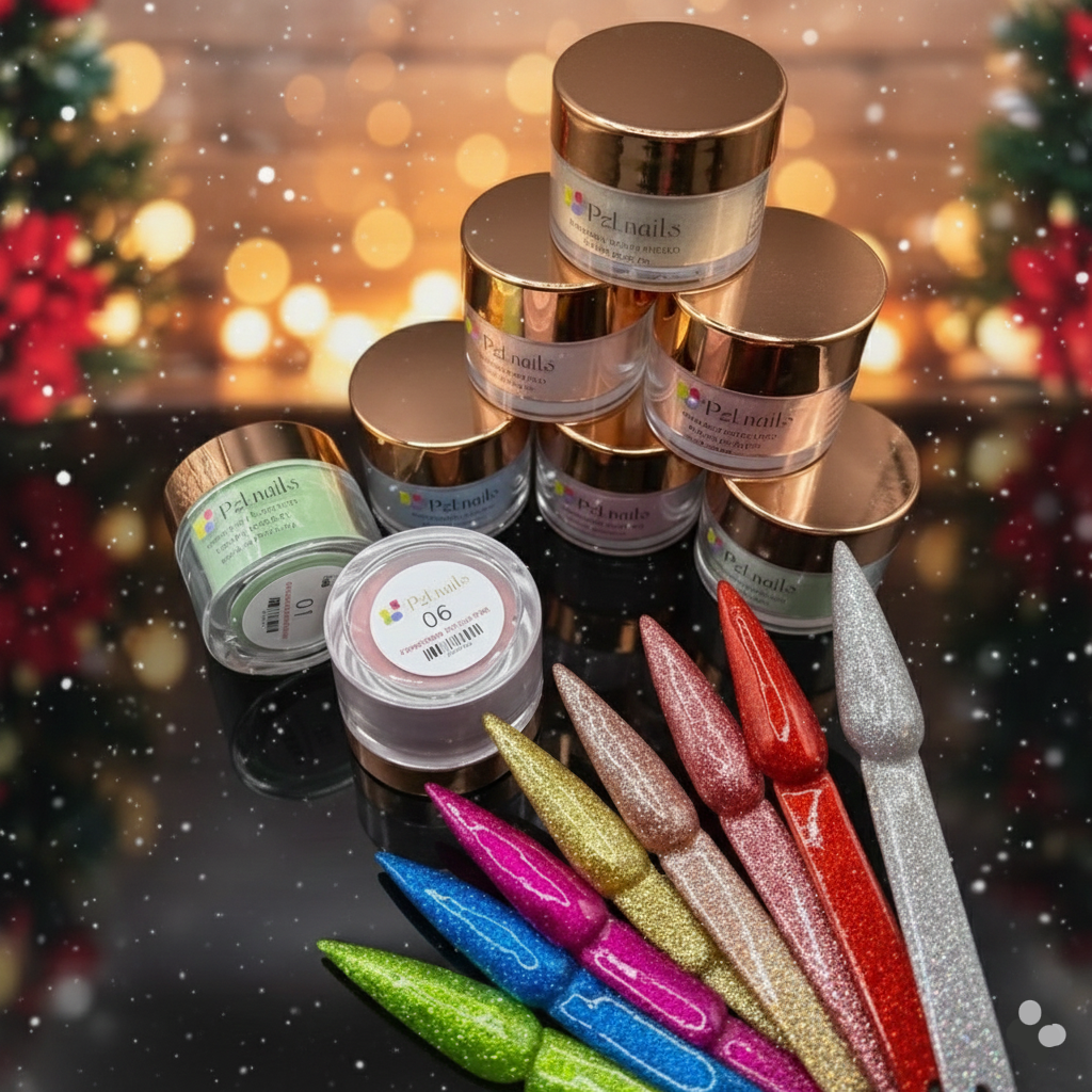 Decorative nail art supplies including jars and tools with a festive background