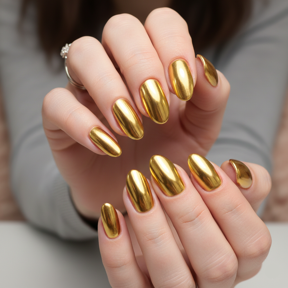 Hand with gold nail polish against a neutral background