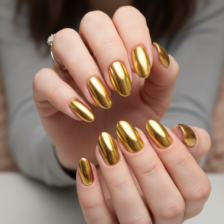 Hand with gold nail polish against a neutral background