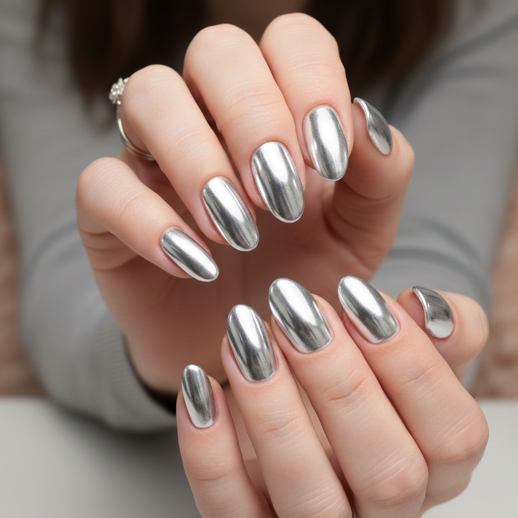Hand with metallic silver nail polish on a neutral background