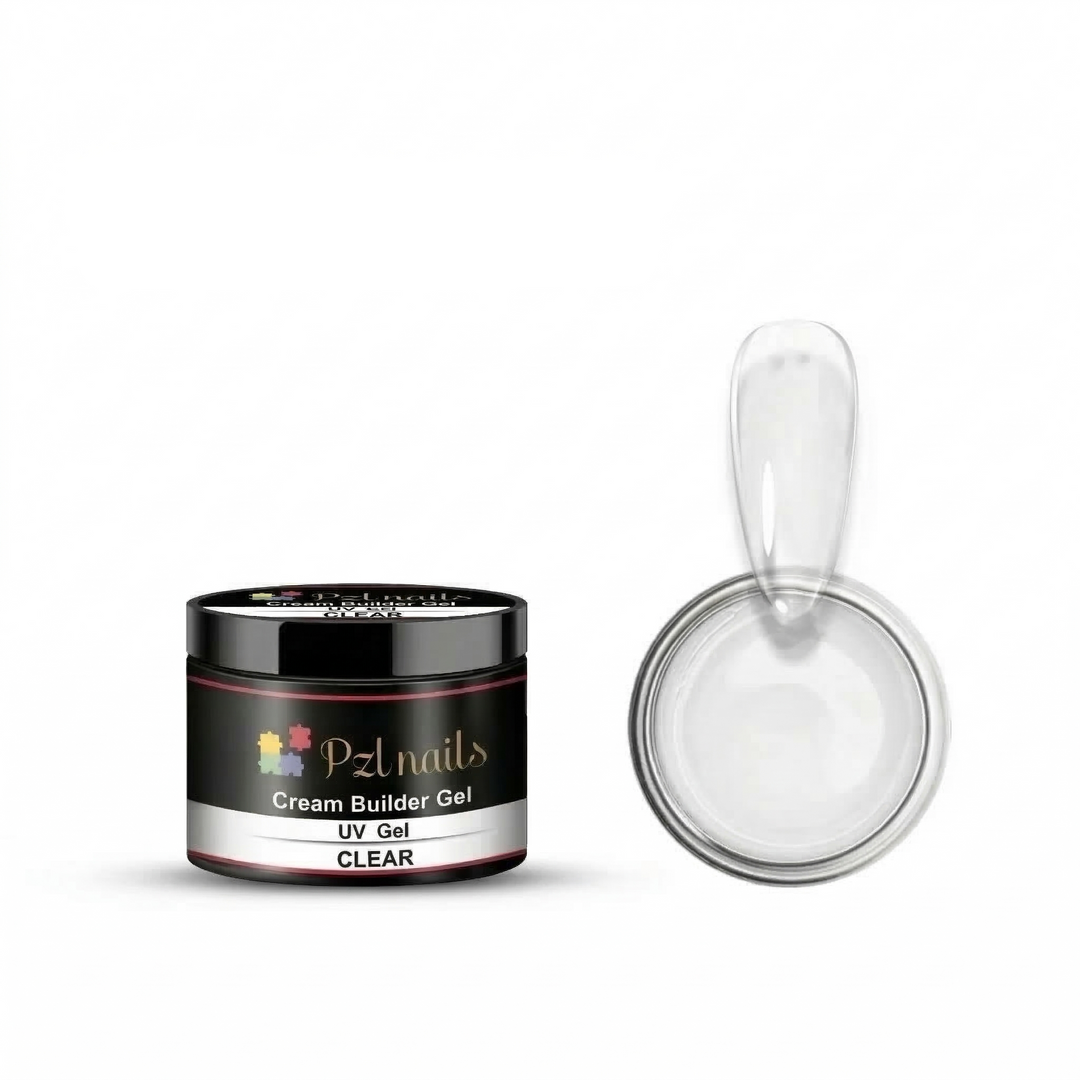 Pzl nails cream builder gel with a clear sample on a white background