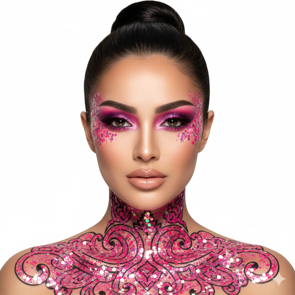 Woman with pink makeup and sequined costume on a white background