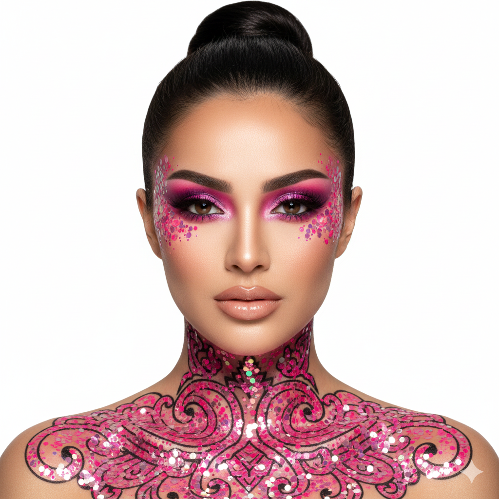 Woman with pink makeup and sequined costume on a white background