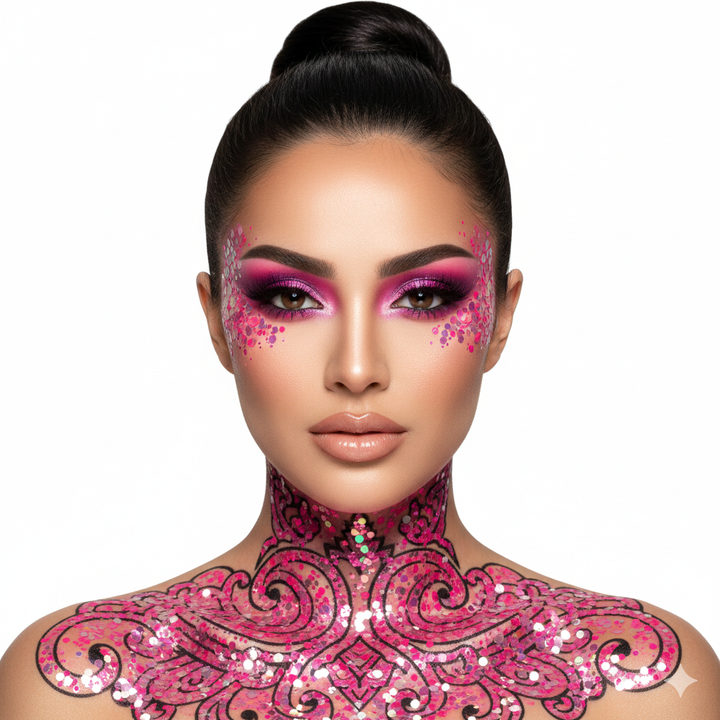 Woman with pink makeup and sequined costume on a white background