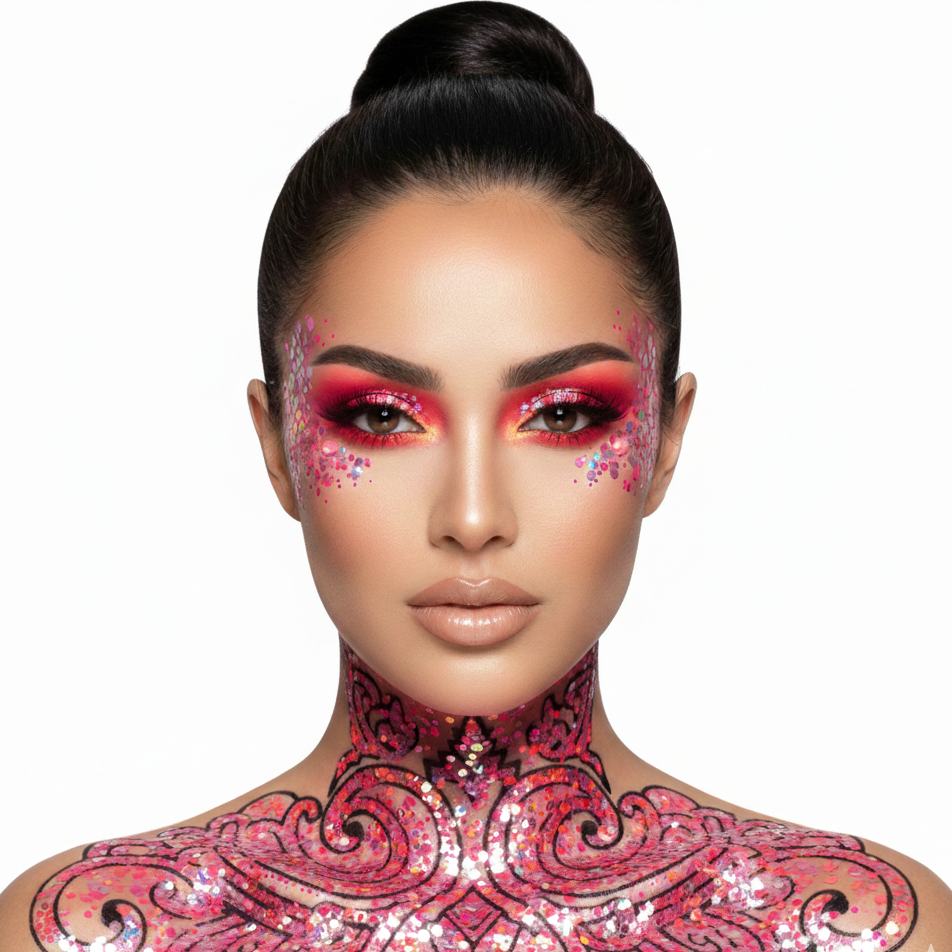 Woman with pink and black glittery makeup and body art on a white background