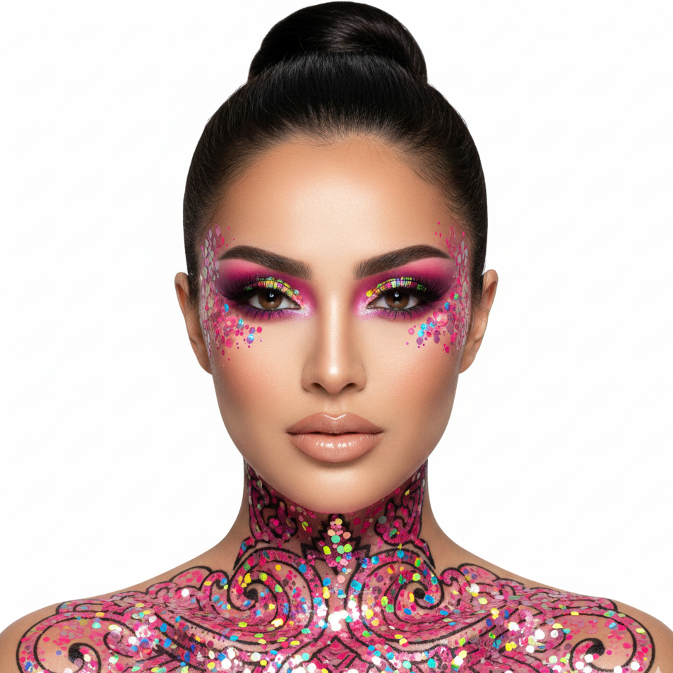 Woman with colorful makeup and sequined shoulder design on a white background
