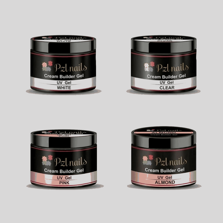 Four jars of PzNails cream builder gel in different colors on a gray background