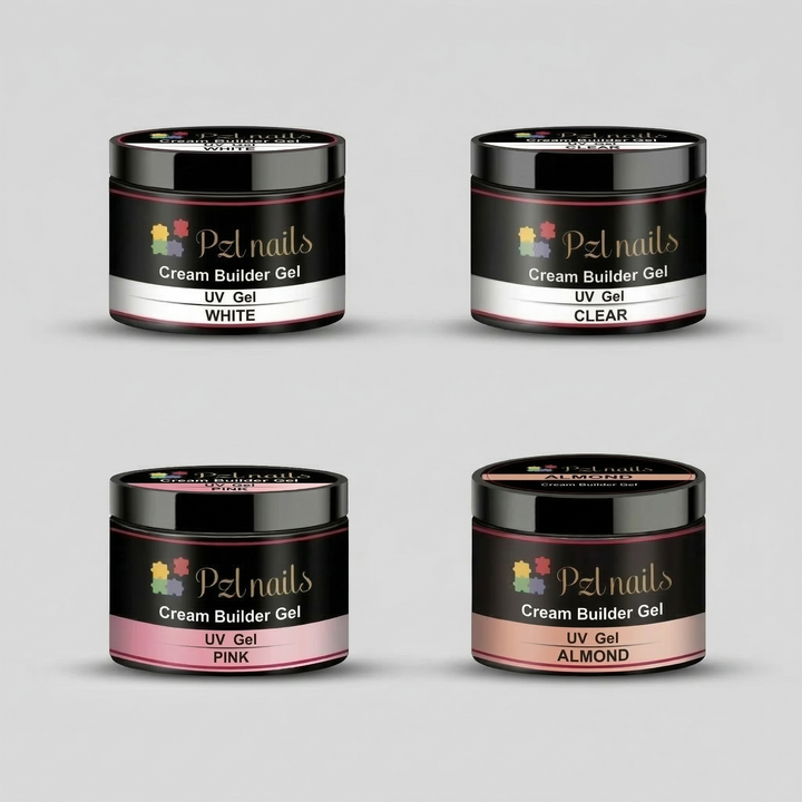 Four jars of PzNails cream builder gel in different colors on a gray background