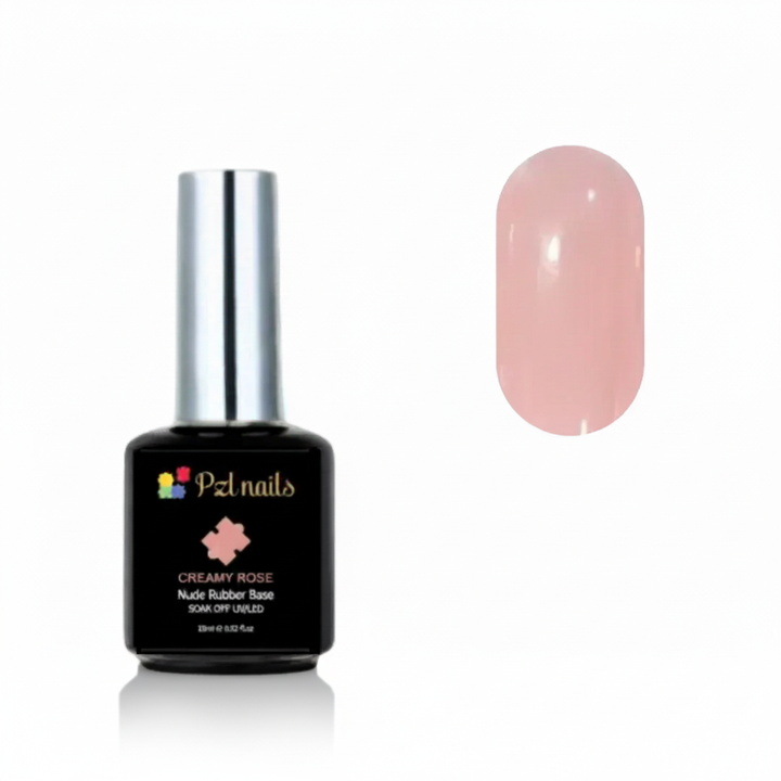 Pzl Nails Creamy Rose nail polish bottle with a matching pink nail on a white background
