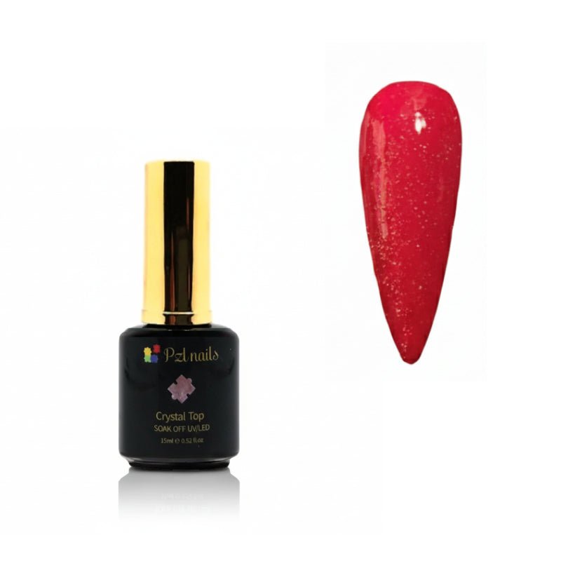 Black nail polish bottle with gold cap next to a red glittery nail tip on a white background