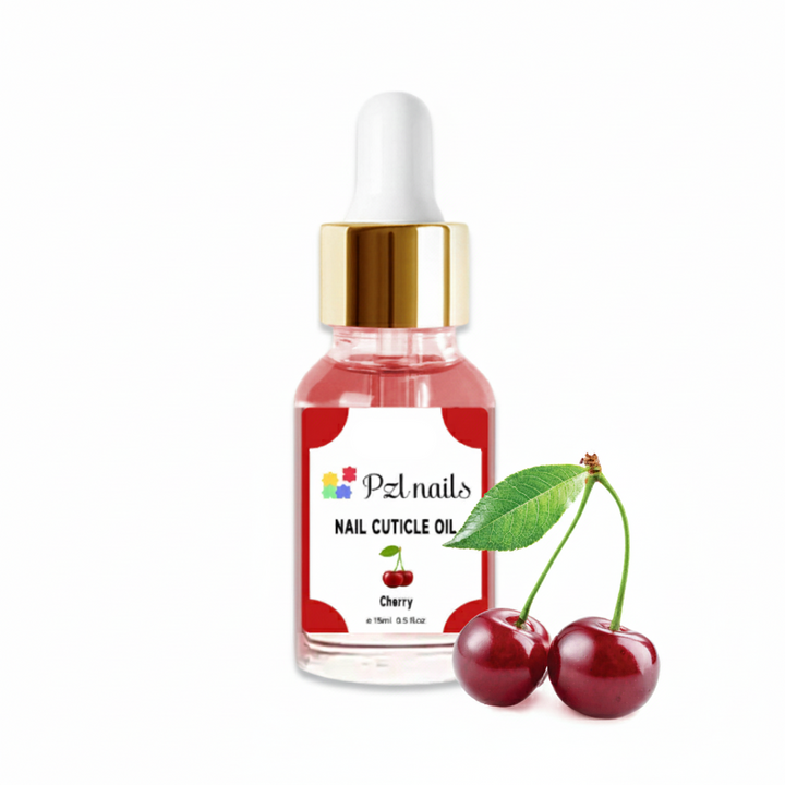 Bottle of Cherry nail cuticle oil with a dropper on a white background, featuring the brand 'PZ nails'.