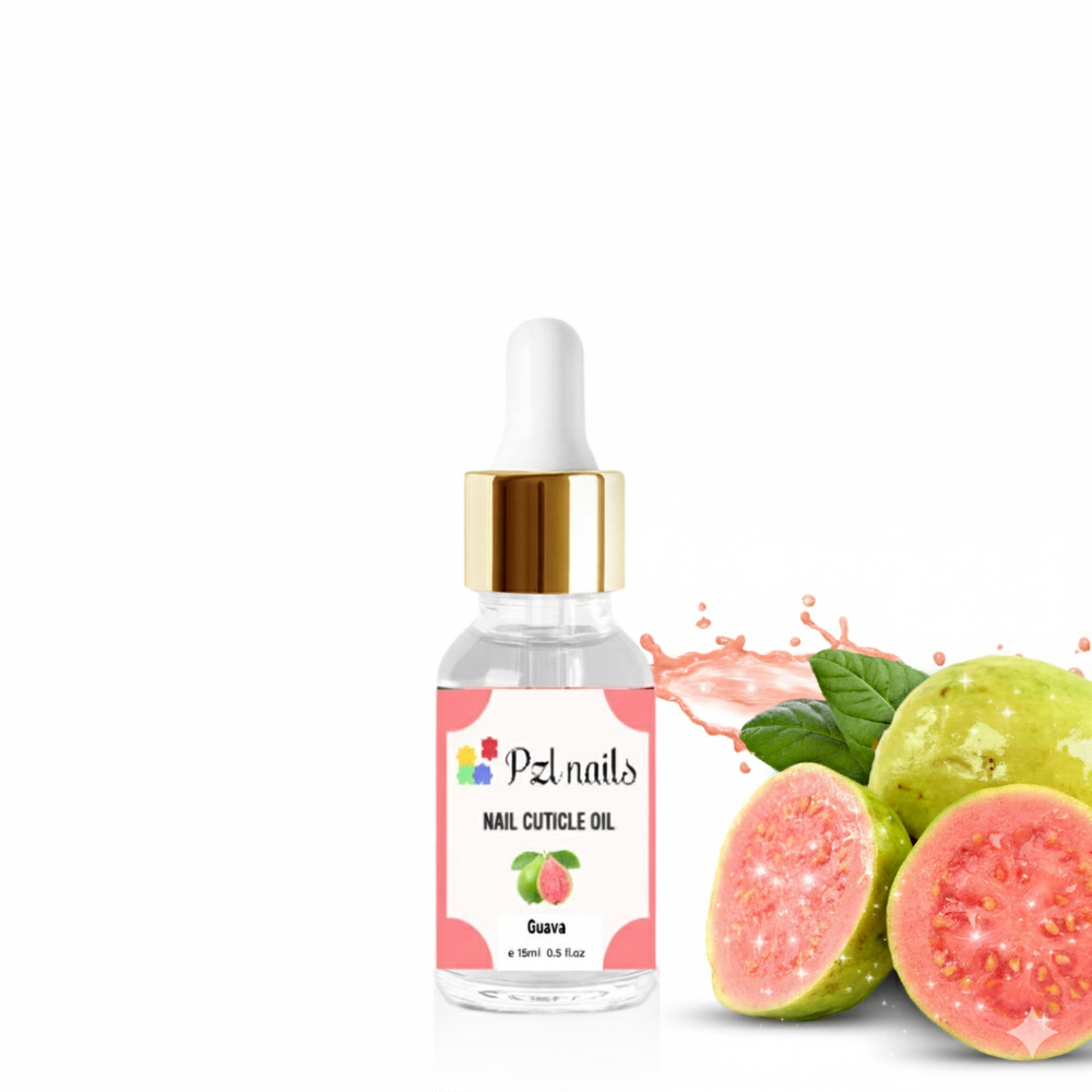 PZL nails guava nail cuticle oil with a dropper and guava fruit on a white background