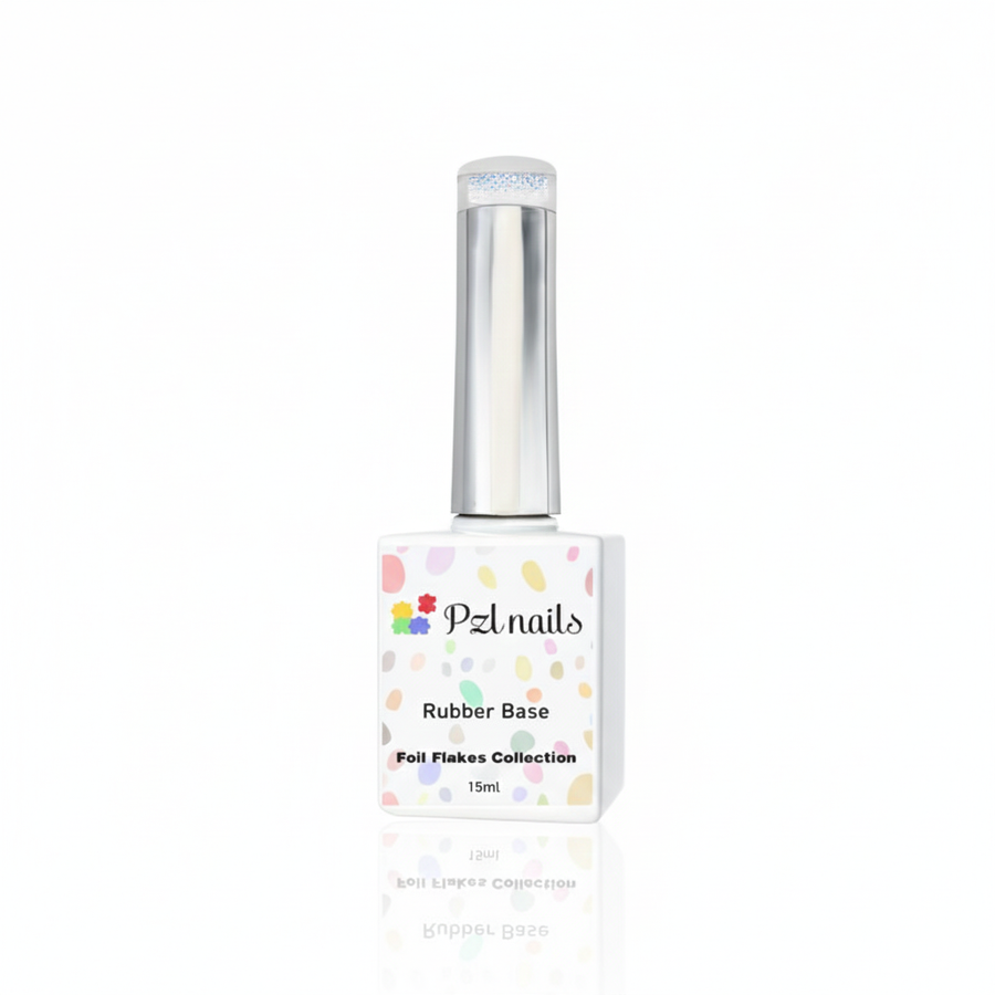 PZL Nails rubber base coat bottle with colorful label on a white background