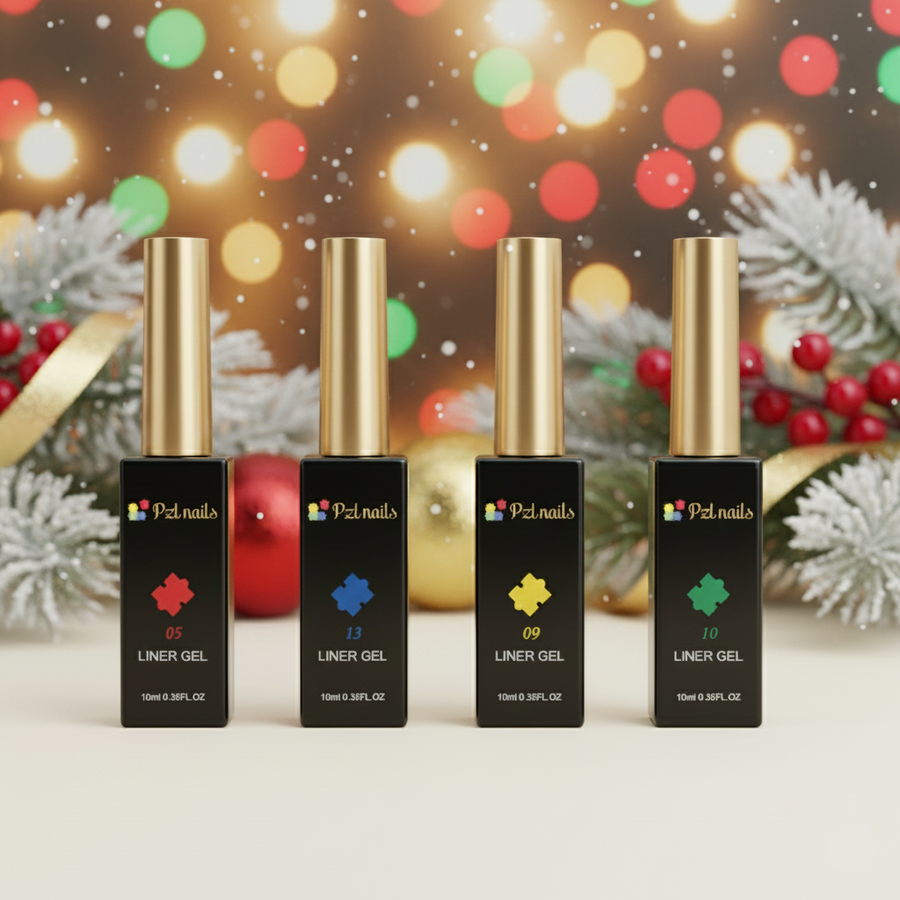Four bottles of Liner Gel with gold caps on a festive background with lights and decorations.