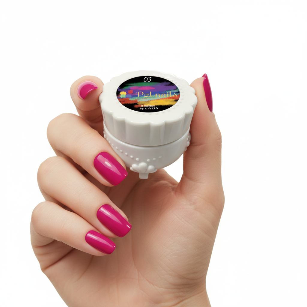 Hand holding a white nail gel applicator with pink nail polish on nails and a pink gel sample.