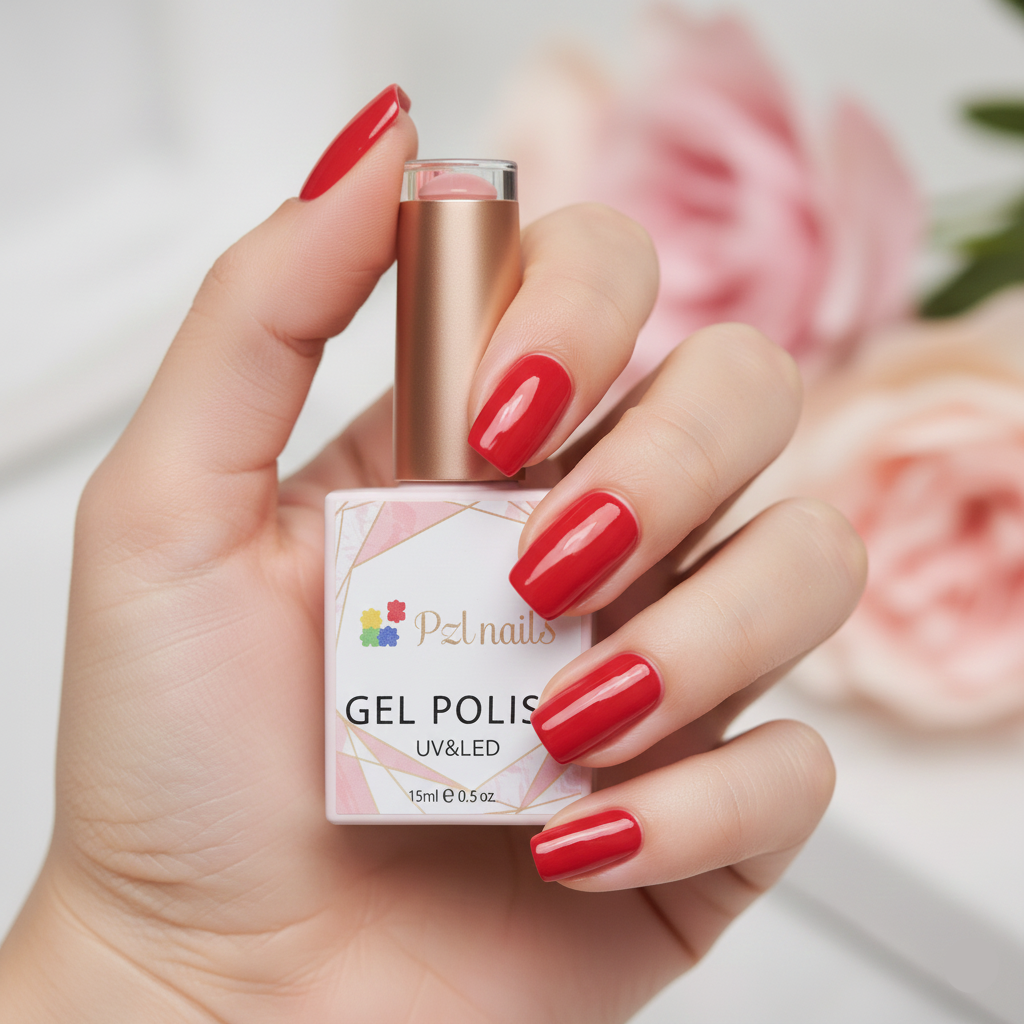 Hand with red nail polish holding a bottle of gel polish with flowers in the background