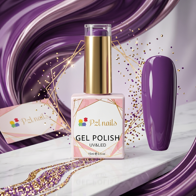 Pzl nails gel polish bottle with a purple nail and branded card on a decorative background