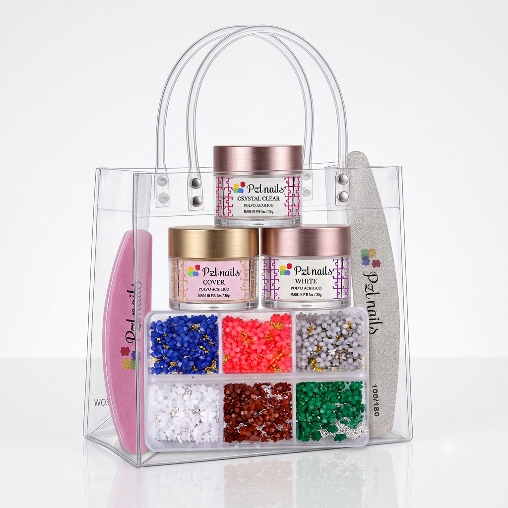 A clear plastic bag for a manicure kit, with nail supplies including three labeled jars of Pzl nail powder, a pink polishing nail file, a gray nail file, and a box of 3D resin flowers containing a variety of colors.