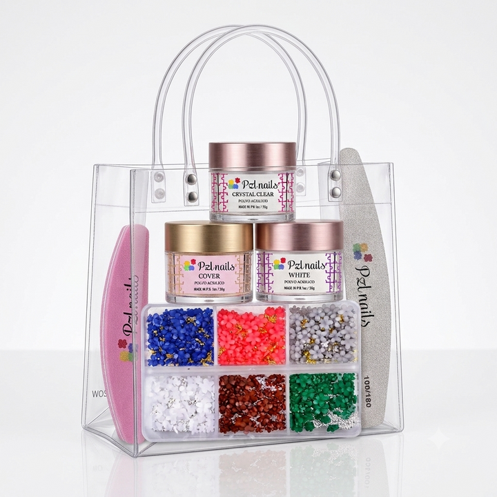 A clear plastic bag for a manicure kit, with nail supplies including three labeled jars of Pzl nail powder, a pink polishing nail file, a gray nail file, and a box of 3D resin flowers containing a variety of colors.
