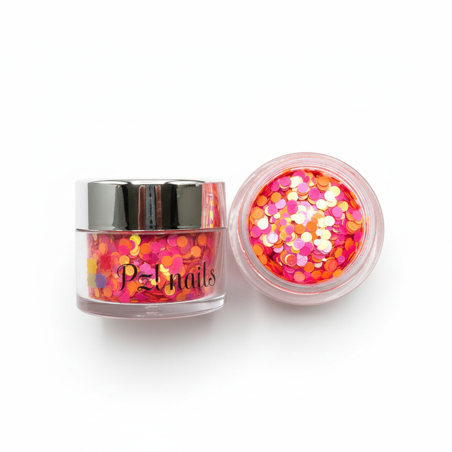 Glitter jar with pink and orange confetti from PZL Nails on a white background