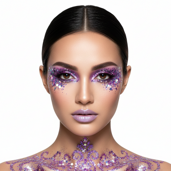 Woman with purple glitter makeup and sequined costume on a white background