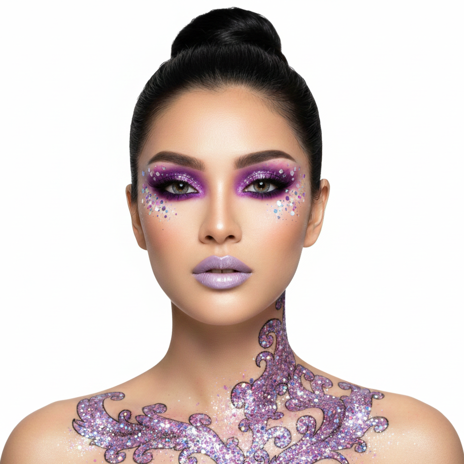 Woman with elaborate purple makeup and body art on a white background