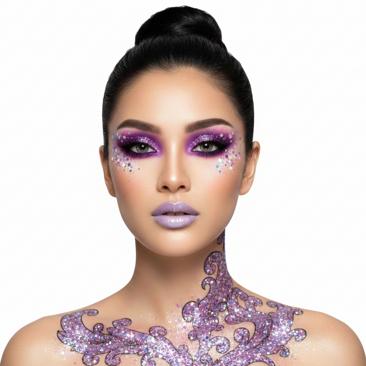 Woman with elaborate purple makeup and body art on a white background
