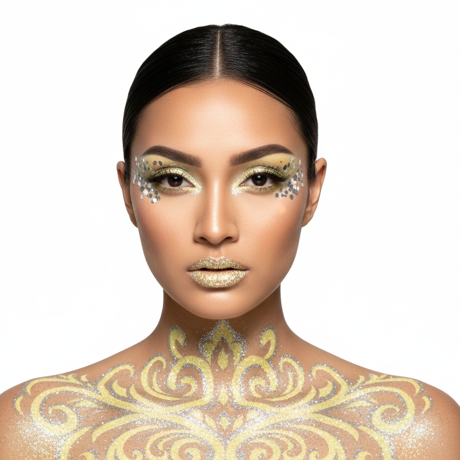 Woman with gold face paint and shoulder design on a white background