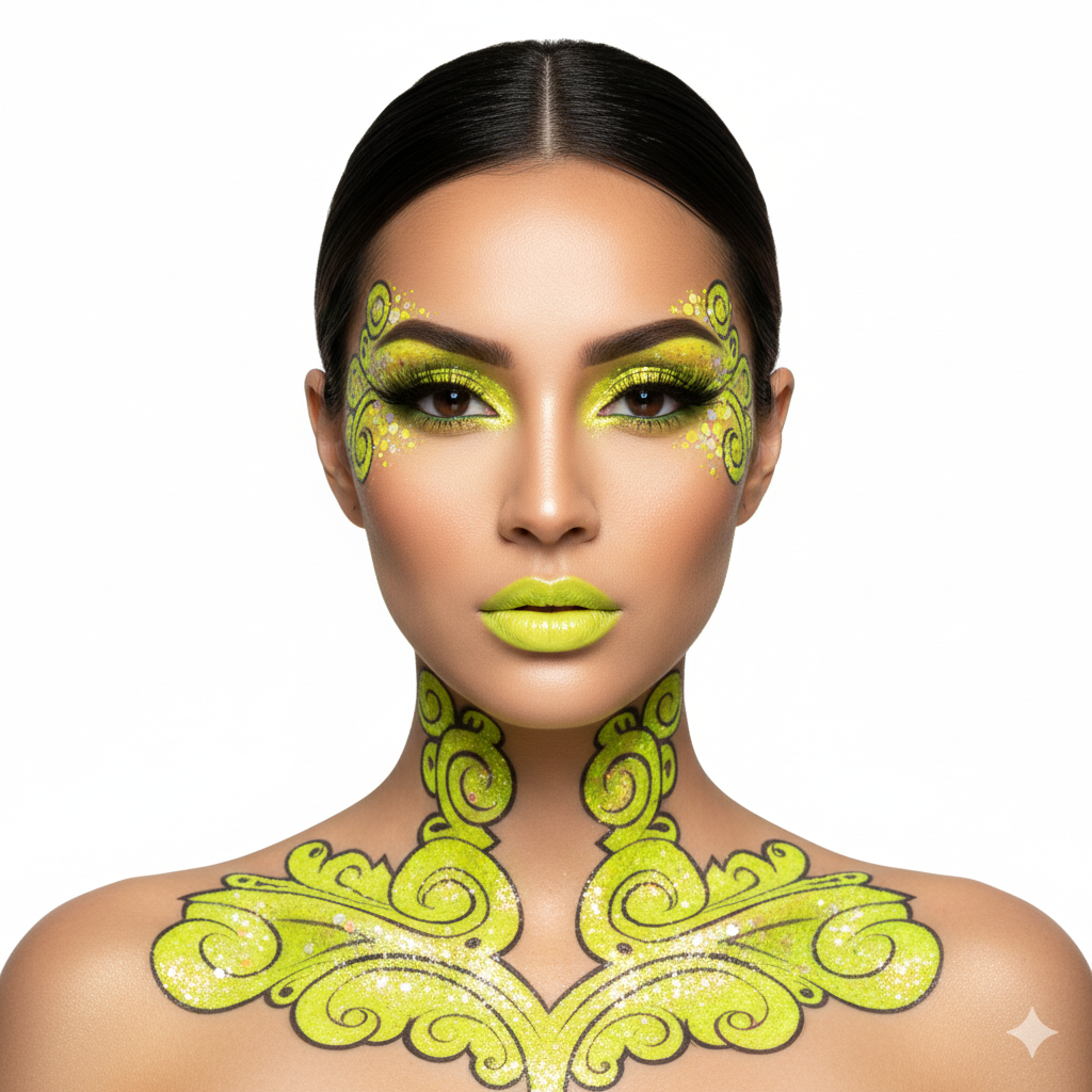 Person with bright green makeup and body art on a white background