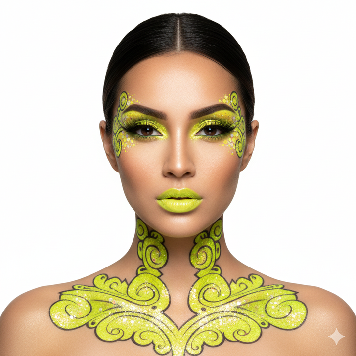 Person with bright green makeup and body art on a white background