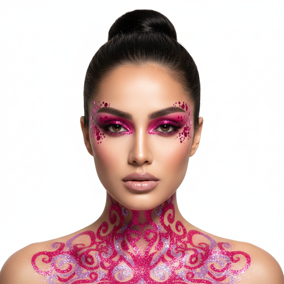 Woman with pink and purple makeup and body art on a white background