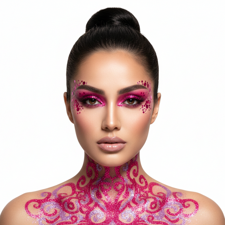 Woman with pink and purple makeup and body art on a white background