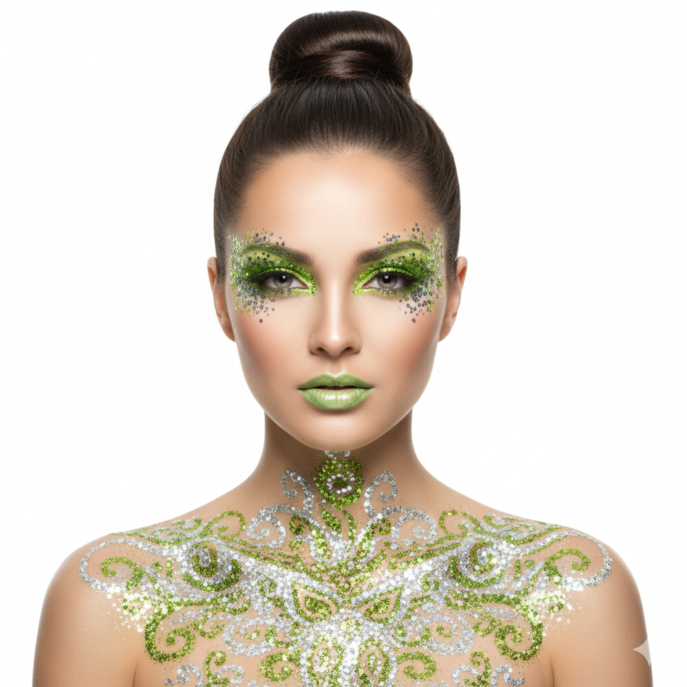 Woman with green and silver makeup and body art on a white background