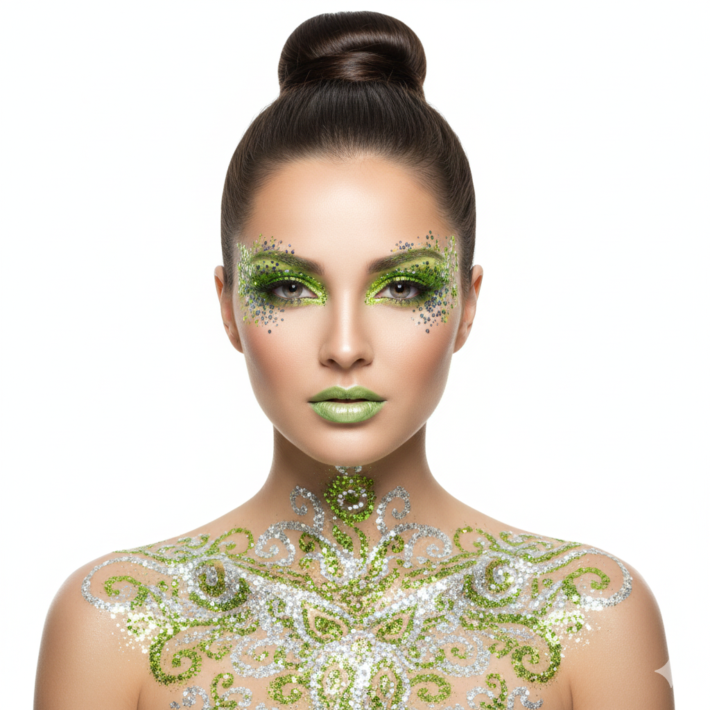 Woman with green and silver makeup and body art on a white background