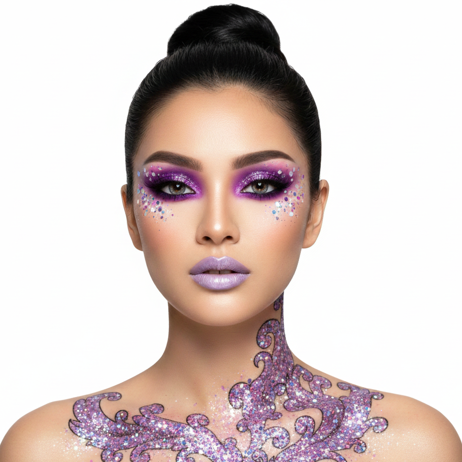 Woman with purple makeup and glittery shoulder design on a white background