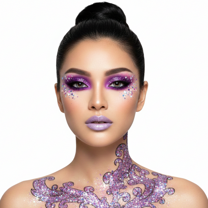 Woman with purple makeup and glittery shoulder design on a white background