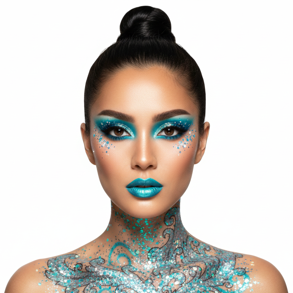 Woman with teal makeup and glittery body art on a white background