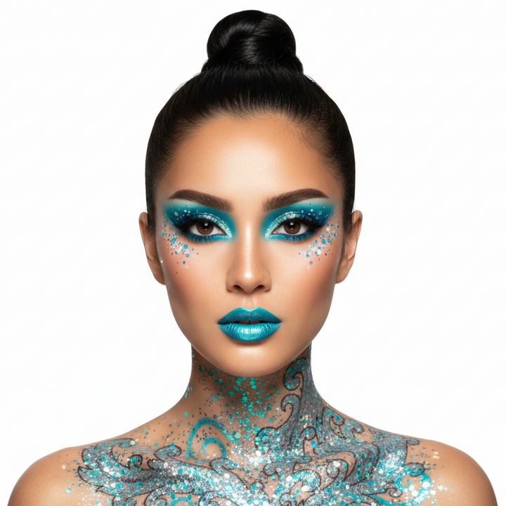 Woman with teal makeup and glittery body art on a white background