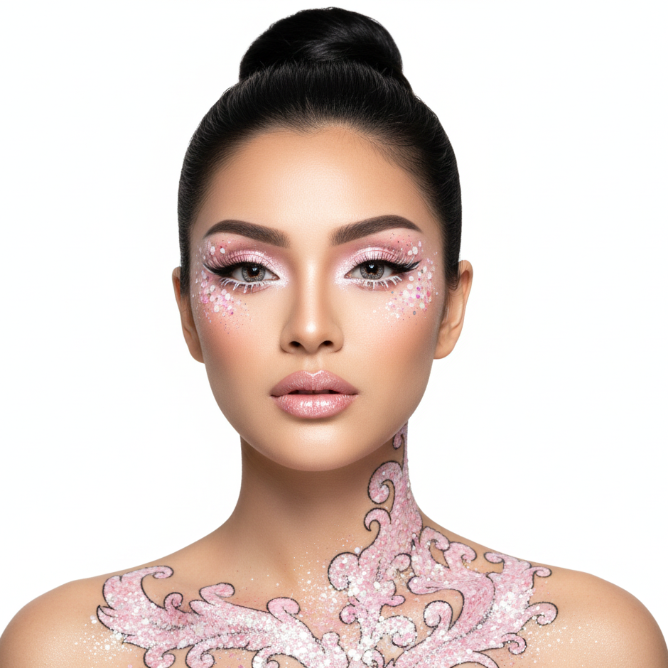 Woman with pink glitter makeup and body art on a white background
